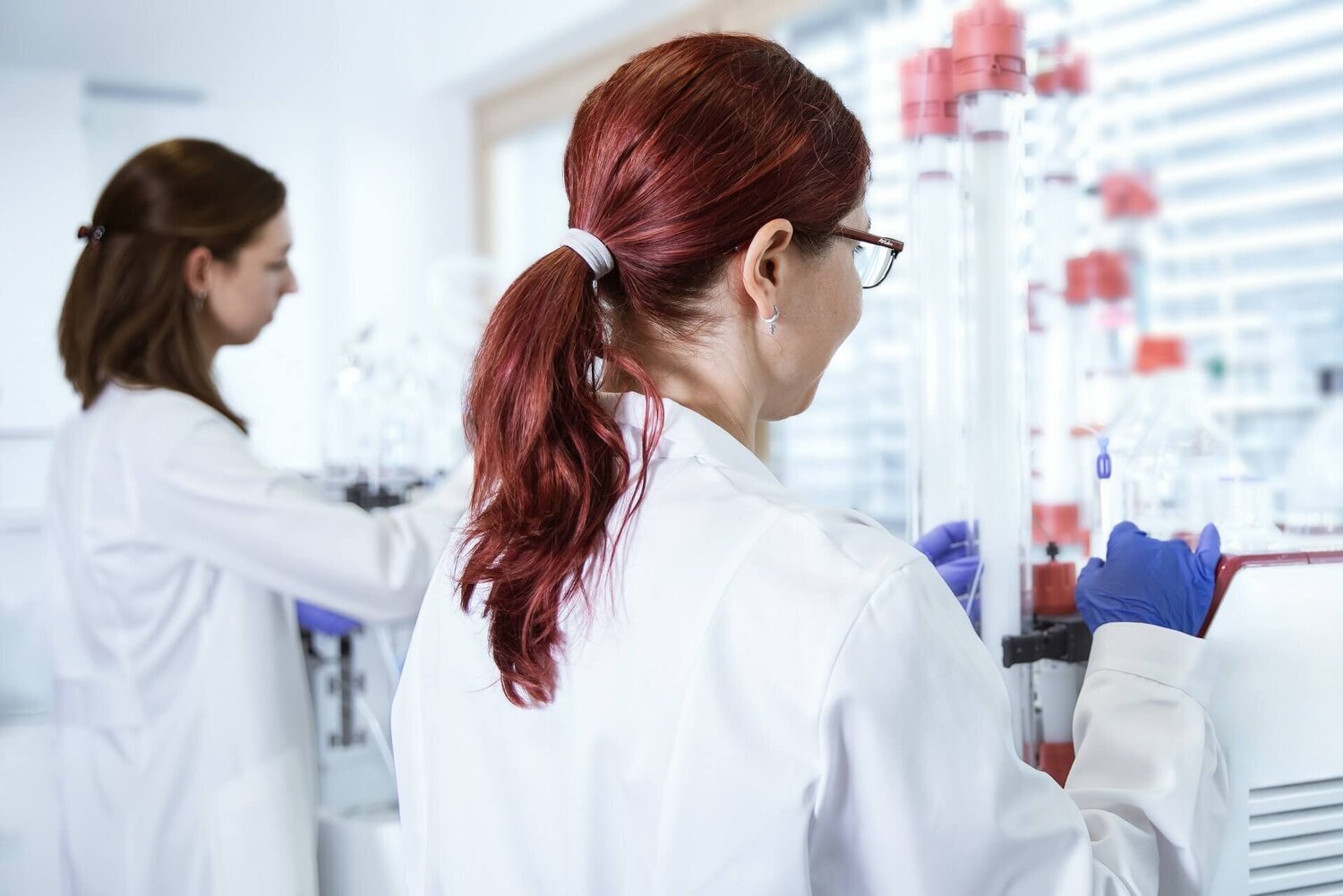 2 downstream specialists working on protein purification in a laboratory