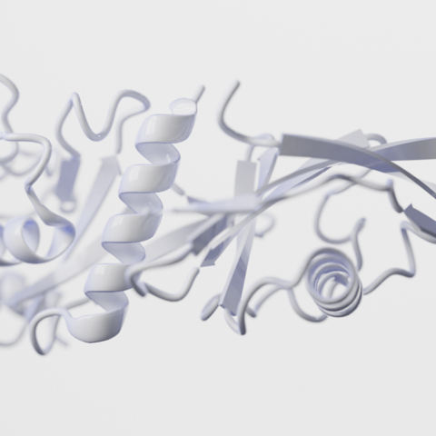 3D visualization of protein structure showing intricate folding patterns, including helices and sheets.
