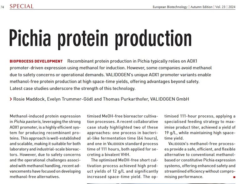 The picture shows the first half page of the article "Pichia protein production" published in the European Biotechnology Magazine (Vol.23, 2024).