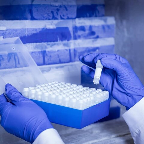 Gloved hands holding a cryobox with frozen sample vials in front of a frosted freezer wall; one vial is being retrieved