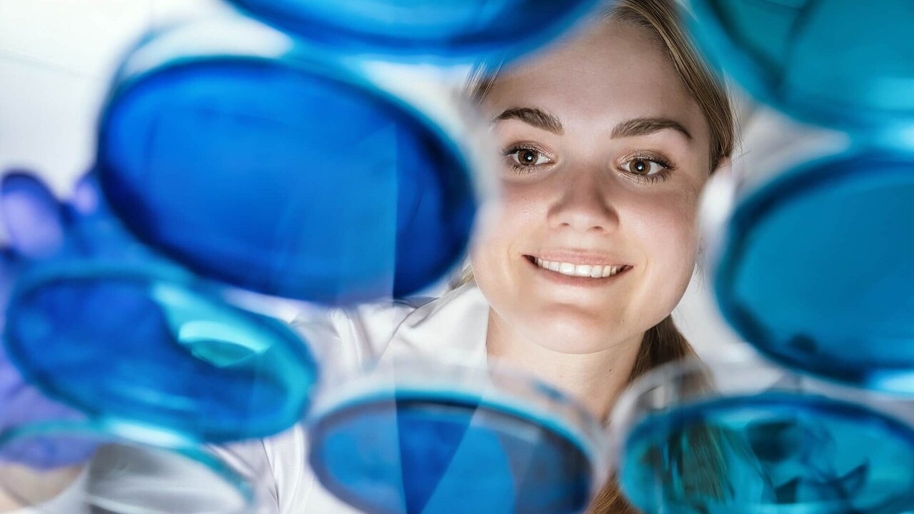Scientist in lab coat inspecting stacked Petri dishes with blue medium, representing microbial screening for recombinant protein expression